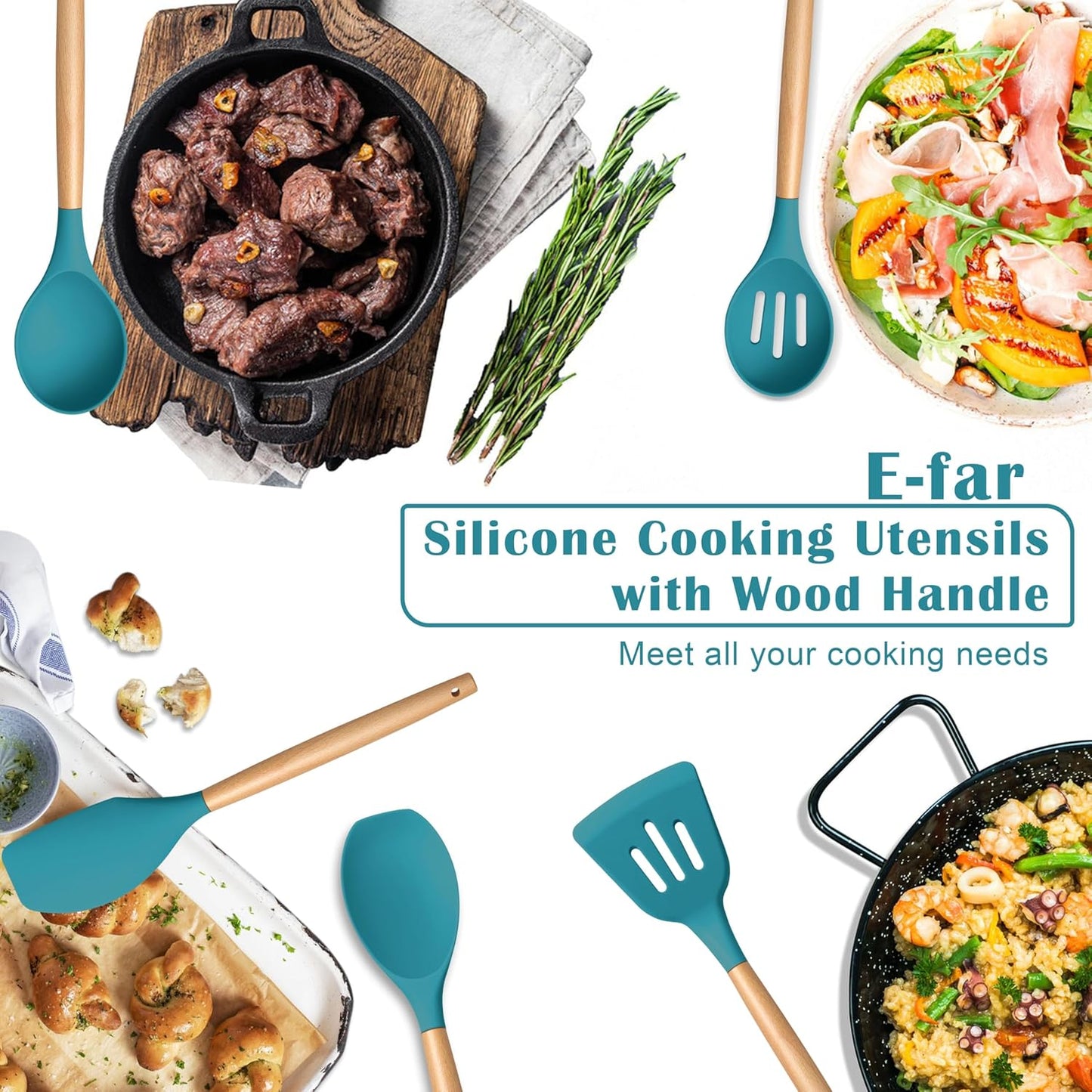 E-far Silicone Cooking Utensils Set, 5-Piece Kitchen Utensils Set with Wooden Handle for Cooking, Silicone Kitchen Nonstick Tools Spatula Turner Slotted Spoons, Nontoxic & Heat Resistant-Blue