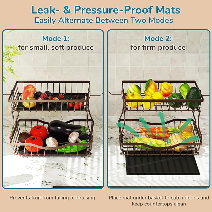 Large 2-Tier Fruit Basket for Kitchen Counter with 2 Banana Hangers – Metal Fruit Bowl for Onion, Vegetable, Snacks, Breads Storage – Countertop Organizer – Bronze