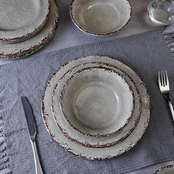 LEHAHA Farmhouse Melamine Dishes Dinnerware Set, 12 Piece Rustic Plates and Bowls Great for Picnic, Camping, Service for 4, Reusable and Dishwasher Safe, Indoor and Outdoor Use