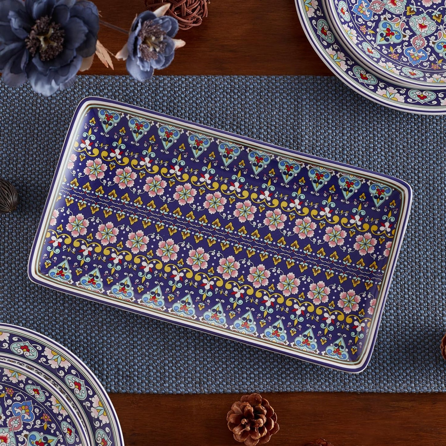 Bico Mandala Kaleidoscope Ceramic 14 inch Rectangular Serving Platter, Set of 2, for Serving Salad, Pasta, Cheese, Ham, Appetizer, Microwave & Dishwasher Safe