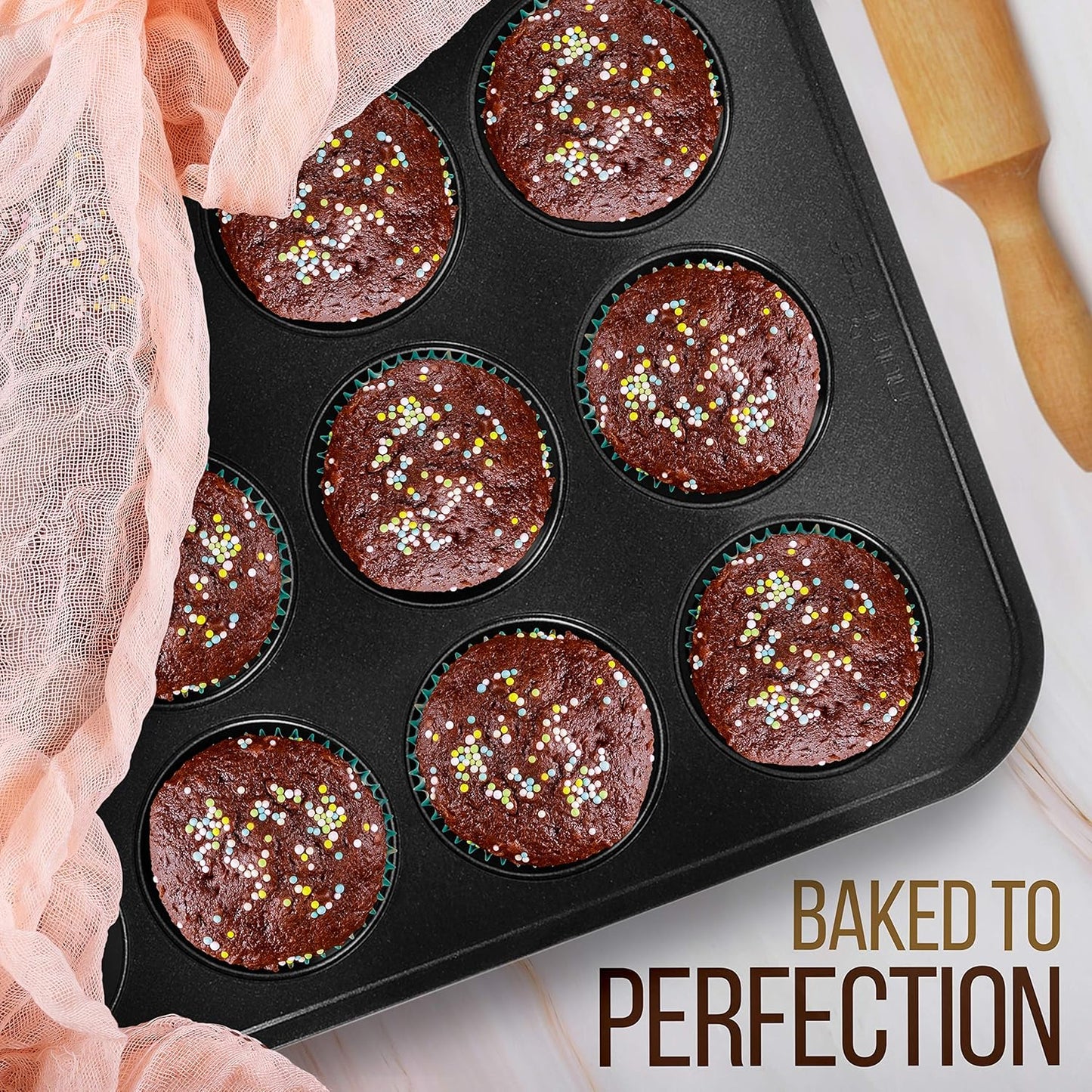 NutriChef Stackable Non-Stick Baking Pans Set – Carbon Steel Bakeware Set w/ Cookie Sheet, Muffin & Loaf Pan, Double Coated for Easy Release, Oven & Dishwasher Safe, Resists Warping, – Easy to Clean