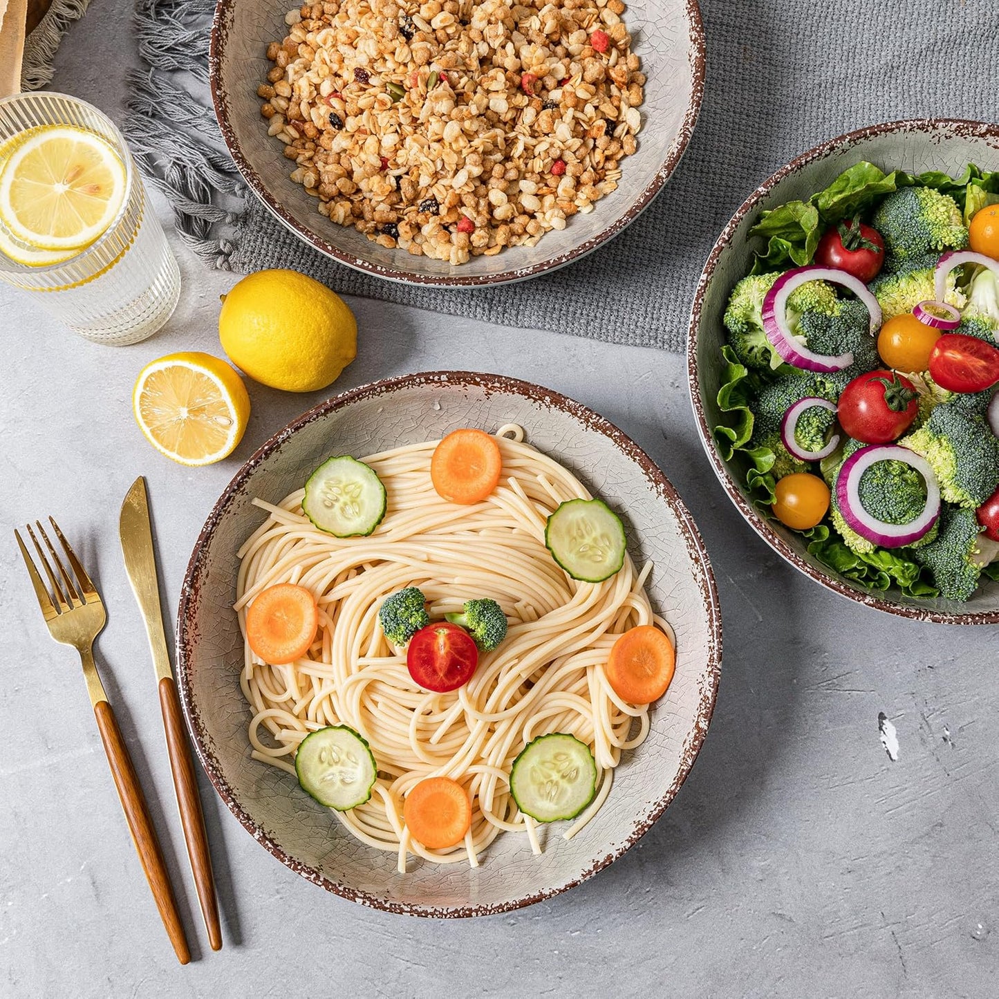 LEHAHA Farmhouse Melamine Pasta Bowl, 9.25 inch Large Salad Bowls, Set of 6, Unbreakable 100% Melamine Serving Bowls Set for Dinner, Wide and Shallow Bowls Set, Dishwasher Safe, Grey…