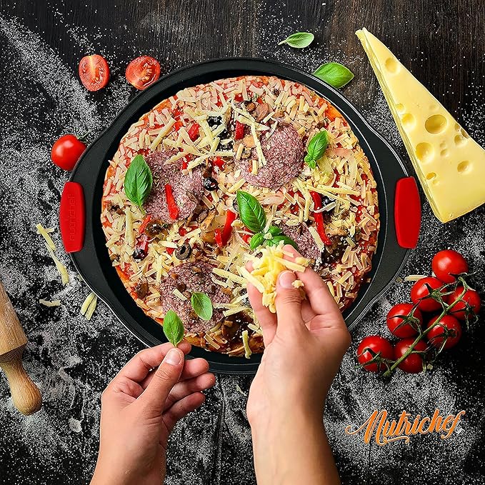 NutriChef 13-Inch Nonstick Pizza Tray - Round Carbon Steel Non-Stick Pizza Pan with Perforated Holes, Premium Bakeware Pizza Screen with Silicone Grip Handles, Dishwasher Safe - NCBPIZ1