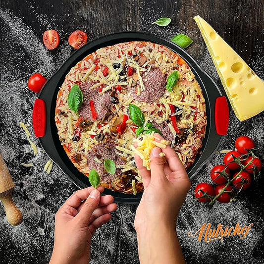 NutriChef 13-Inch Nonstick Pizza Tray - Round Carbon Steel Non-Stick Pizza Pan with Perforated Holes, Premium Bakeware Pizza Screen with Silicone Grip Handles, Dishwasher Safe - NCBPIZ1