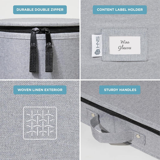 Hard Shell China Storage Containers 8-Piece Set Moving Boxes for Dinnerware, Glasses, Plates, Mugs and Saucers Sturdy Dish Organizer with Dividers for Seasonal Storage - Service for 12 - Gray