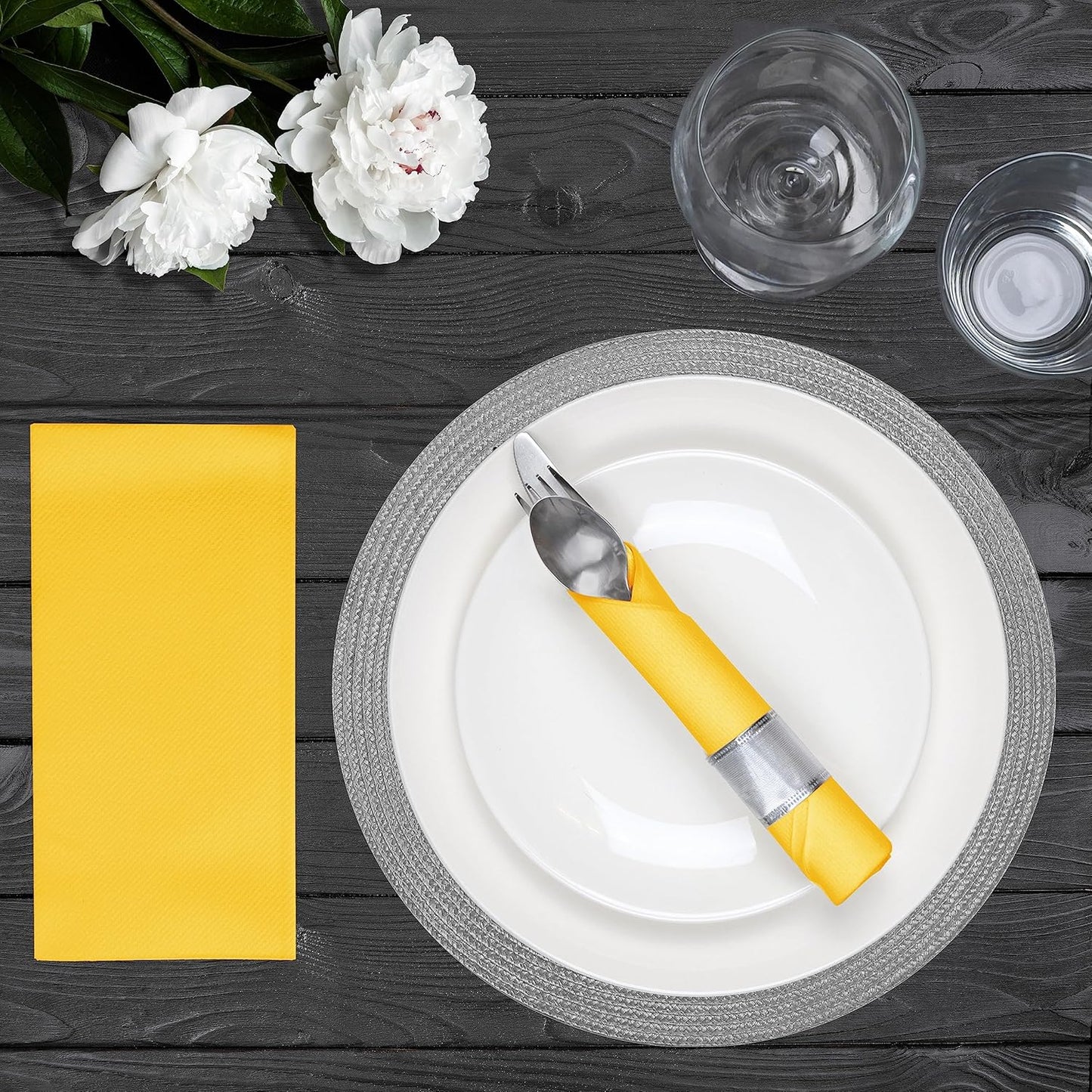 AMERICAN HOMESTEAD Paper Napkins - Yellow Disposable Linen-Like Dinner Napkins - Restaurant-Quality Table Serviettes for Weddings, Parties, and Events - 15.75" x 15.75" - 50 Count