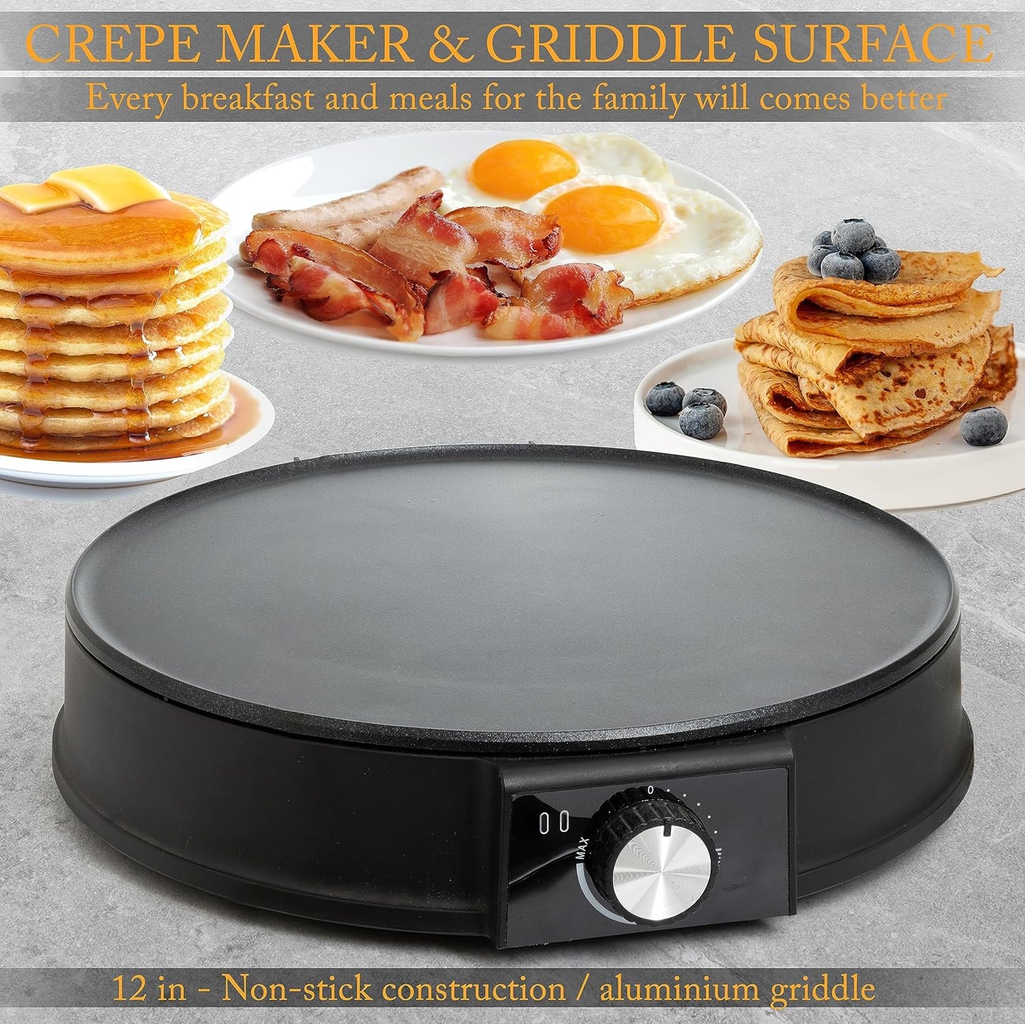Moss & Stone 12” Electric Griddle Pan & Crepe Machine, Non-Stick Electric Crepe Maker with Adjustable Temperature, Includes Spreader & Spatula – Ideal for Pancakes, Blintzes & Tortillas