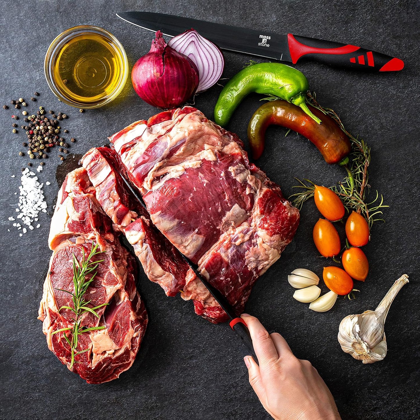 Moss & Stone 7-Piece Kitchen Knife Set with Block – Black Titanium Plated Stainless Steel Kitchen Knives, High Carbon Blades, Compact Cutlery Set for Home Cooking, Small Knife Set Black Wood Block