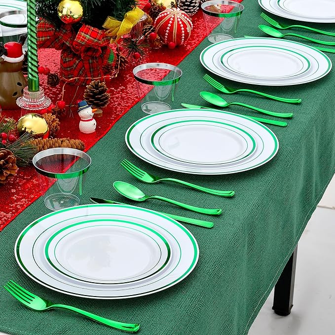 300 PCS Green Plastic Dinnerware Set for 50 Guests,Green Rimmed Heavy Duty Plastic Disposable Plates for Party Wedding-50 Dinner Plates,50 Dessert Plates,50 Silverware Set,50 Cups