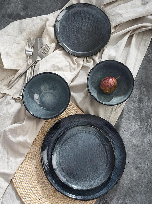 Famiware Moonlight Plates and Bowls Sets, 24 Pieces Stoneware Dinnerware Sets with Linen Finish, Dishware set for 8, Microwave and Dishwasher Safe, Chip and Scratch Resistant, Dark Blue