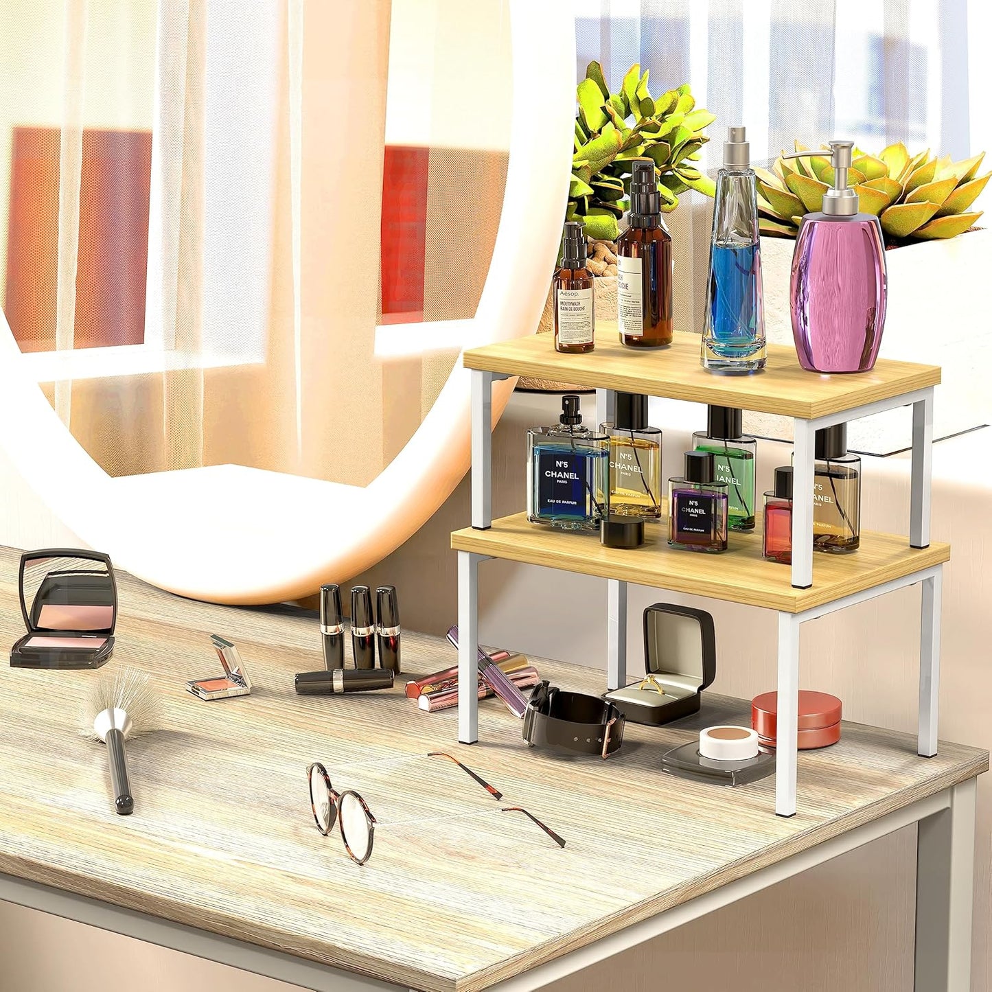 Simple Houseware Wooden Top Expandable Stackable Kitchen Cabinet and Counter Shelf Organizer, Oak