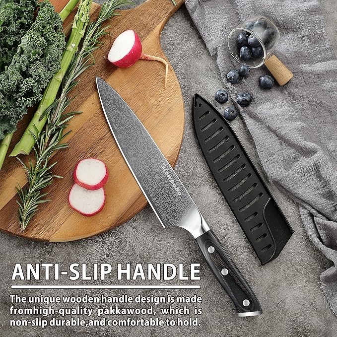 8 Inch Chef Knife 5Cr15MoV High Carbon Steel Professional Kitchen Knife Razor Sharp Blade with Non Slip natural colorwood Handle and Gift Box Blade Guard Finger Guard Sharpener Included