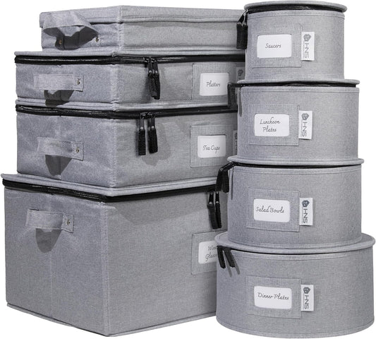 Hard Shell China Storage Containers 8-Piece Set Moving Boxes for Dinnerware, Glasses, Plates, Mugs and Saucers Sturdy Dish Organizer with Dividers for Seasonal Storage - Service for 12 - Gray