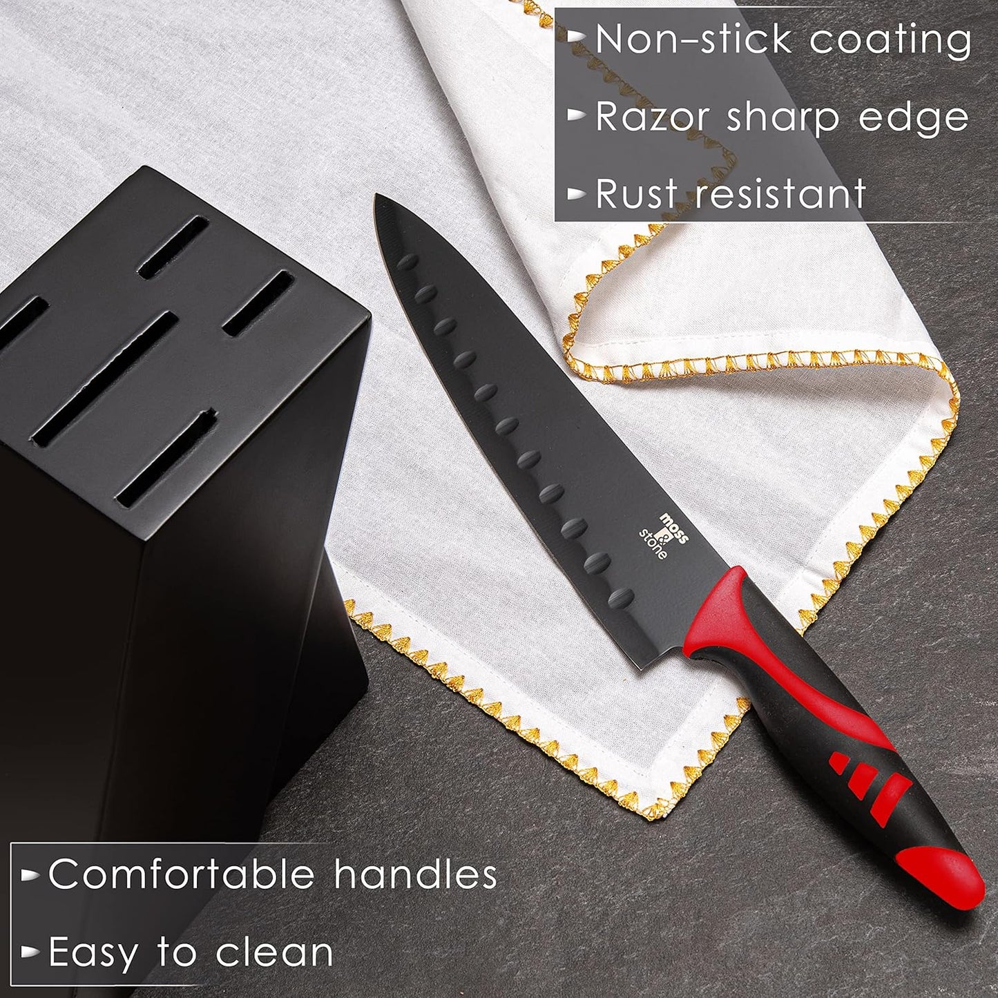 Moss & Stone 7-Piece Kitchen Knife Set with Block – Black Titanium Plated Stainless Steel Kitchen Knives, High Carbon Blades, Compact Cutlery Set for Home Cooking, Small Knife Set Black Wood Block