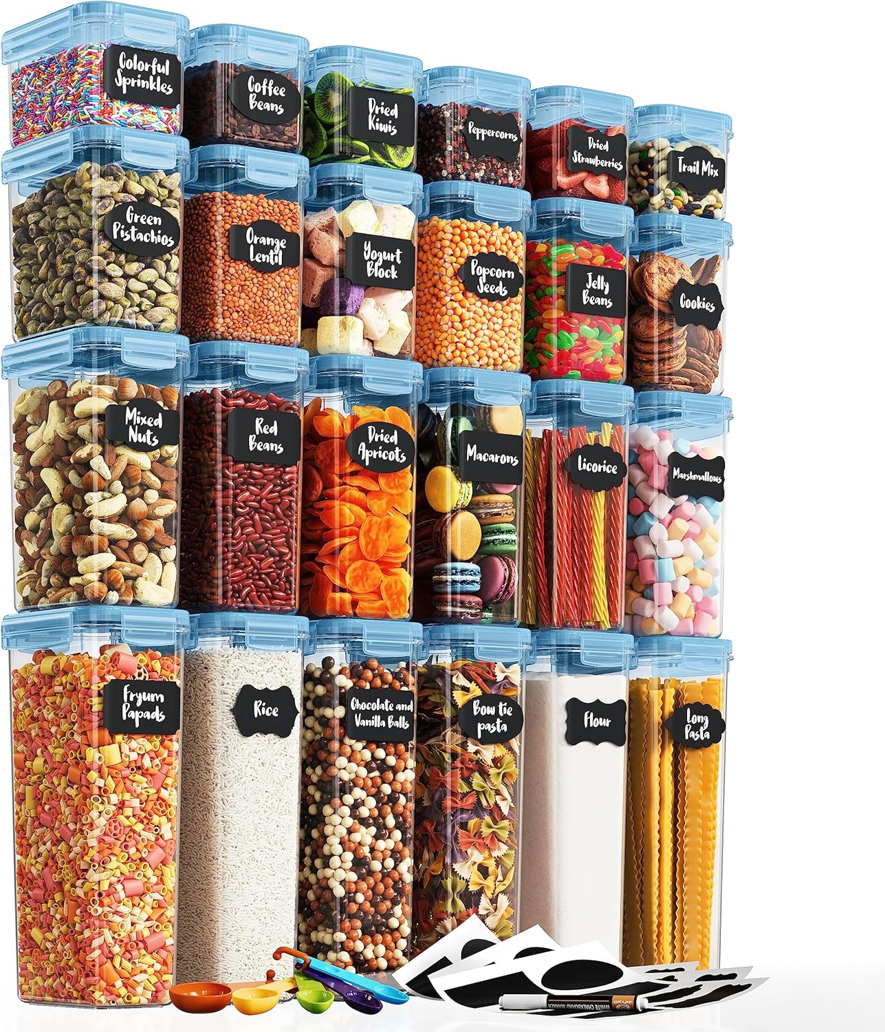 Chef's Path Airtight Food Containers with Lids (24 Pack - Blue) Kitchen Pantry Organization - BPA Free Food Storage Organizers for Cereal, Brown Sugar, Dry food - With Marker, Labels & Spoons