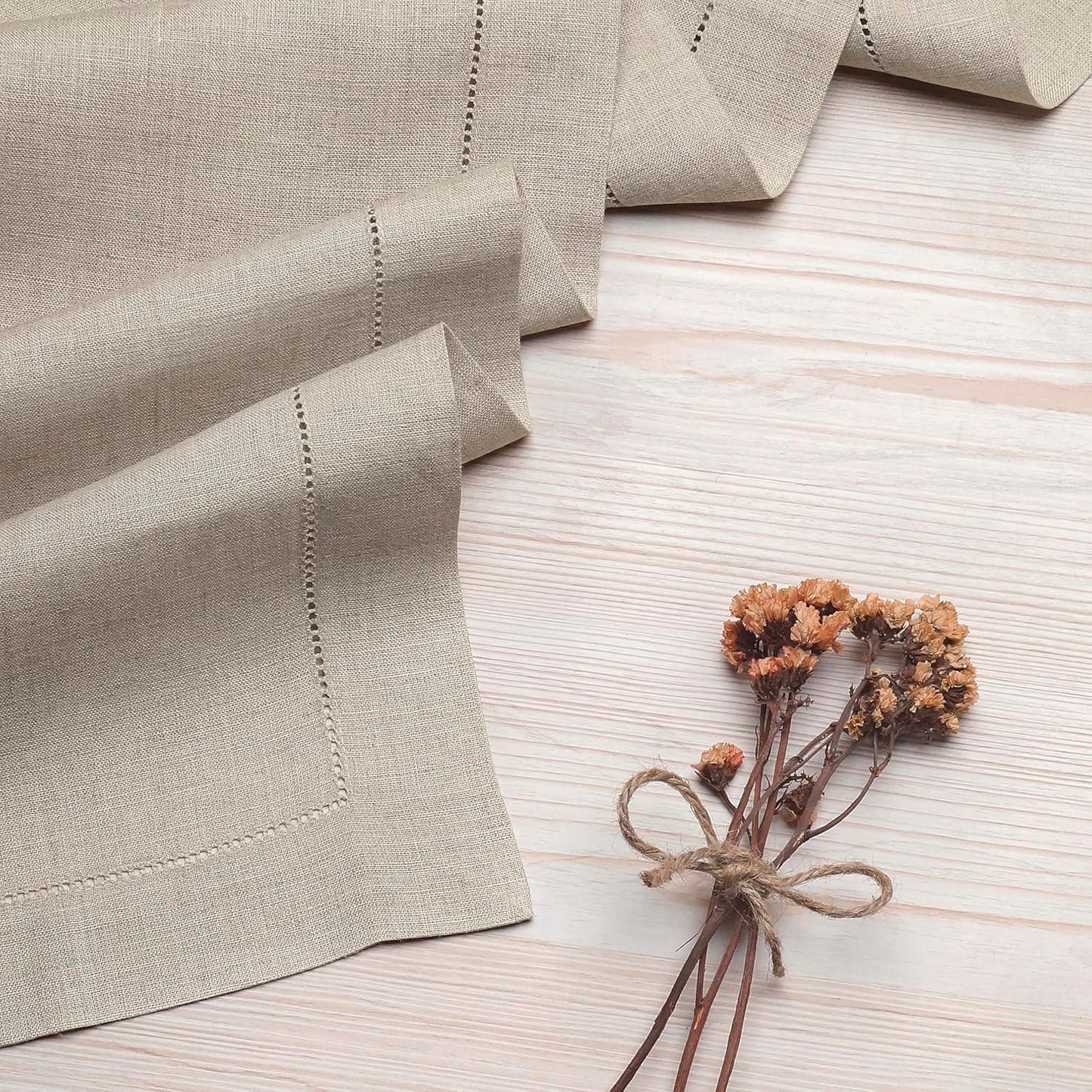 D'Moksha Homes Linen Natural Table Runner 132 Inches Long - 100% Pure Linen Extra Long Table Runner 14 x 132 Inch for Fall, Autumn and Halloween - Classic Hemstitch