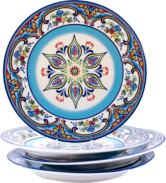 Euro Ceramica Zanzibar Collection Vibrant 10.9" Ceramic Dinner Plates, Set of 4, Spanish Floral Design, Multicolor