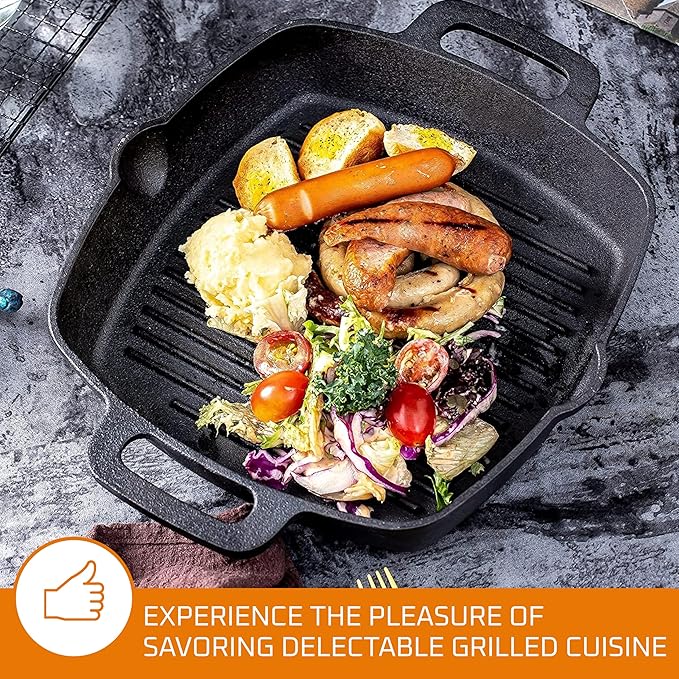 Bruntmor 10 Inch Square Cast Iron Grill Pan Steak Pan Pre Seasoned Grill Pan with Easy Grease Drain Spout, with Large Loop Handles for Grilling Bacon, Steak, and Meats