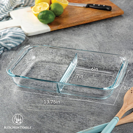 Divided Glass Casserole Baking Dish, Rectangular Bakeware Set 2.3 Qt Each, Oven to Table Clear Glass Lasagna Pan with Divider-2 Pack