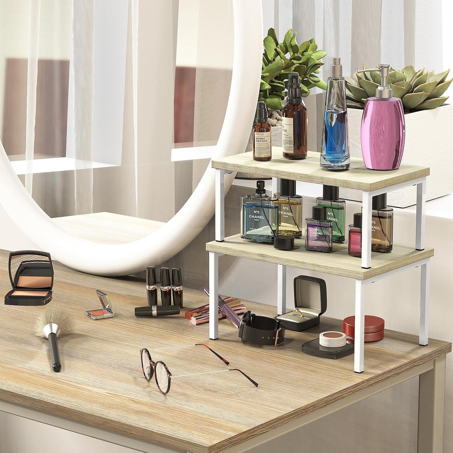 Simple Houseware Wooden Top Expandable Stackable Kitchen Cabinet and Counter Shelf Organizer, Maple