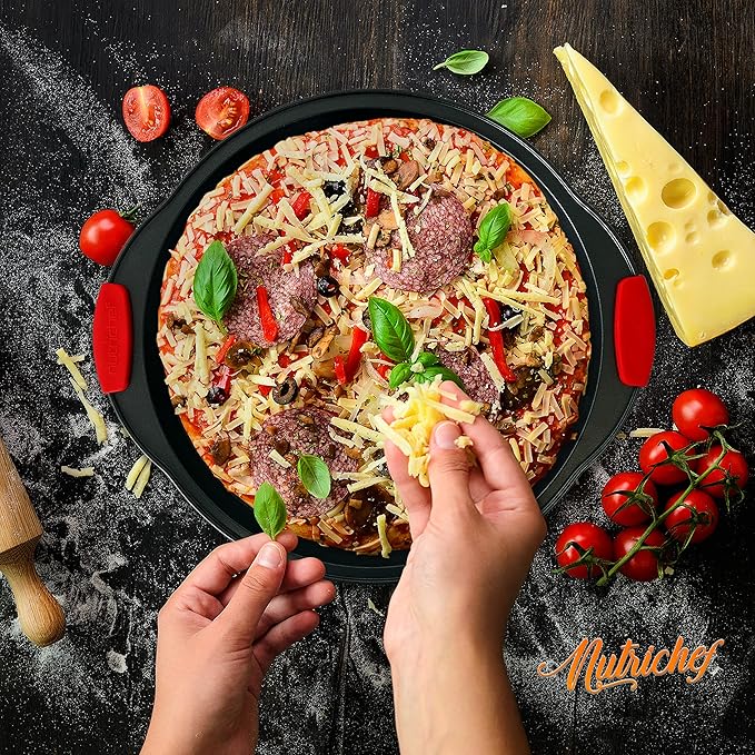 NutriChef Non-Stick Pizza Tray with Silicone Handles, 6-Pack Round Steel Non-Stick Pans with Perforated Holes, Premium Bakeware, Pizza Trays with Silicone and Oversized Handles, Dishwasher Safe