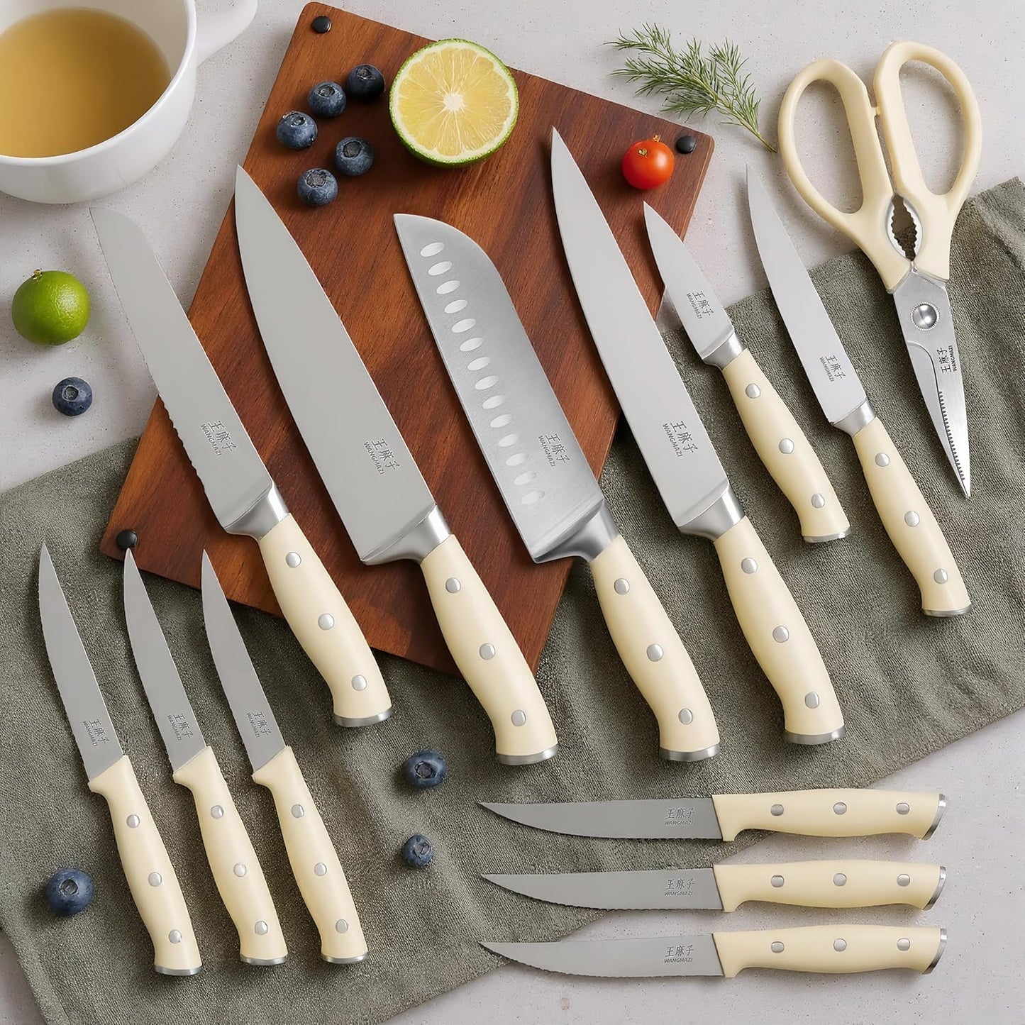 Newly Updated Premium Chef Knife Set High Carbon Stainless Steel Sharp Blade Ergonomic Rivets Handle Knife Block Set Hundreds of Years of Masterful Craftmanship(Ivory,15PCS)