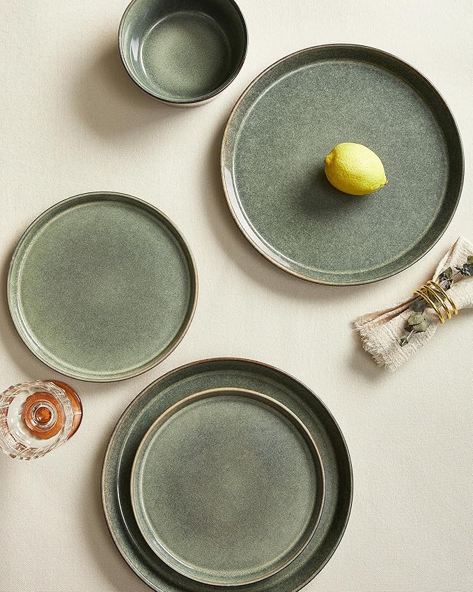Dinnerware Sets, Microwave Safe Plates and Bowls Sets, Dishes Set for 4, Chip & Scratch Resistant Dinner Set, Reactive Glazed Farmhouse Dishware Sets, Green Wheat