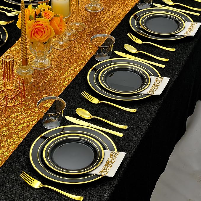 350 PCS Black and Gold Dinnerware Set for 50 Guests, Black Disposable Plates with Gold Rim for Party Wedding-50 Dinner Plates, Dessert Plates, Silverware Set,Napkins and Cups