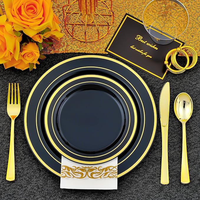 350 PCS Black and Gold Dinnerware Set for 50 Guests, Black Disposable Plates with Gold Rim for Party Wedding-50 Dinner Plates, Dessert Plates, Silverware Set,Napkins and Cups
