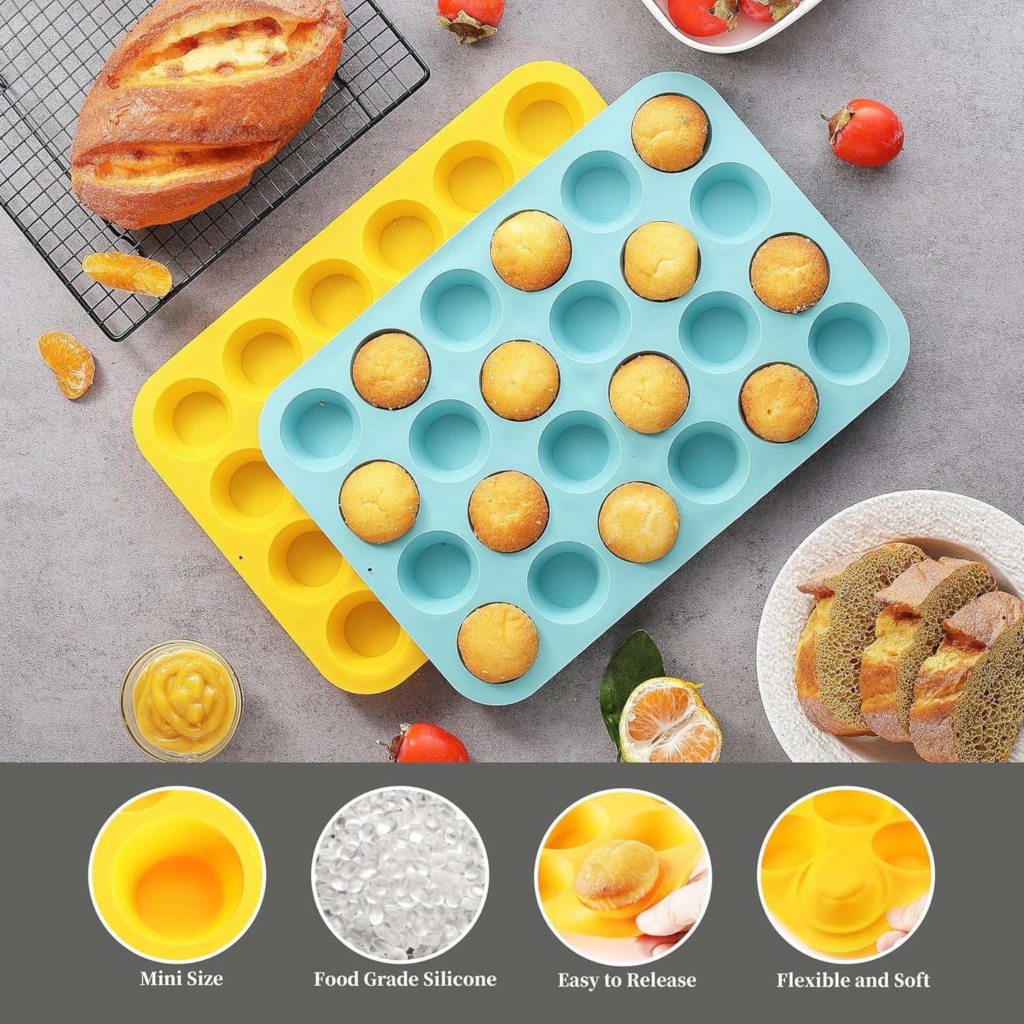 2PCS Silicone Mini Muffin Pan, 24 Cups Nonstick Mini Cupcake Pan for Baking, BPA Free and Dishwasher Safe, Great for Making Muffin Cakes, Tart, Bread and Egg Bites