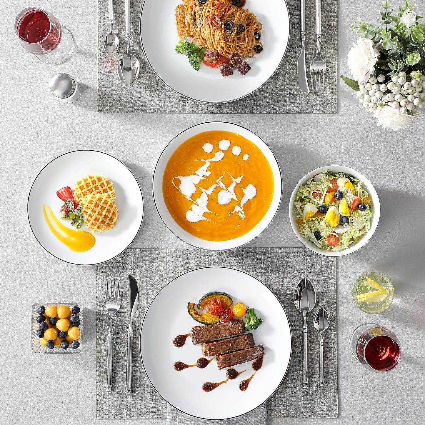 MALACASA 24-Piece Gourmet Porcelain Dinnerware Sets, Modern White with Black Rim Round Dish Set for 6 - Premium Serving Plates and Bowls Sets for Dessert, Salad, Soup, Pasta - Series AMELIA