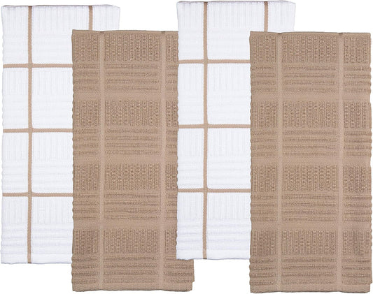 Sticky Toffee Cotton Kitchen Towels Set of 4 – 28x16 in Tan and White Hand Towels, Reusable and Absorbent Tea Towels for Drying or Cleaning, Oeko-Tex Cotton