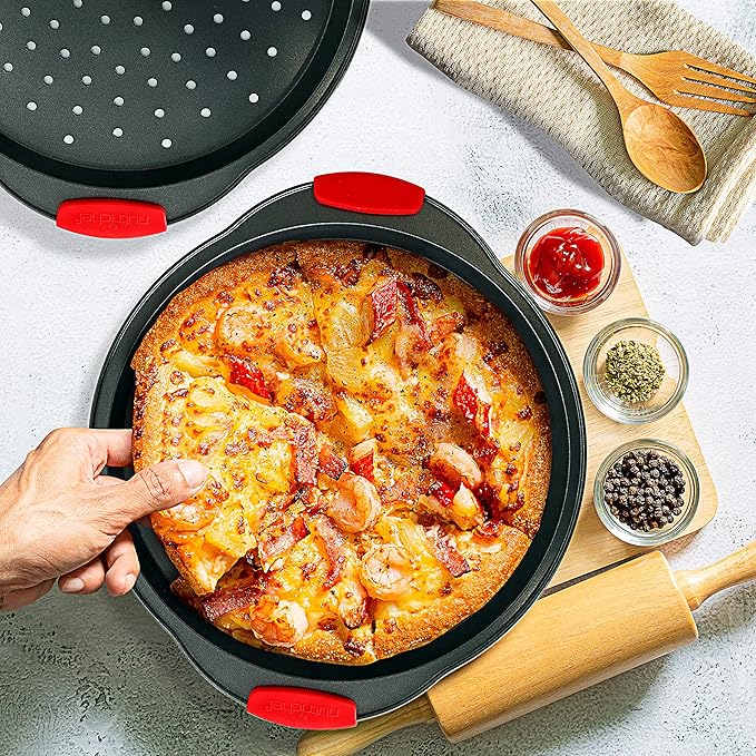 NutriChef 13-Inch Nonstick Pizza Tray Set of 20 Pcs- Carbon Steel Round Pan with Perforated Holes & Silicone Grip Handles - Dishwasher Safe Premium Bakeware