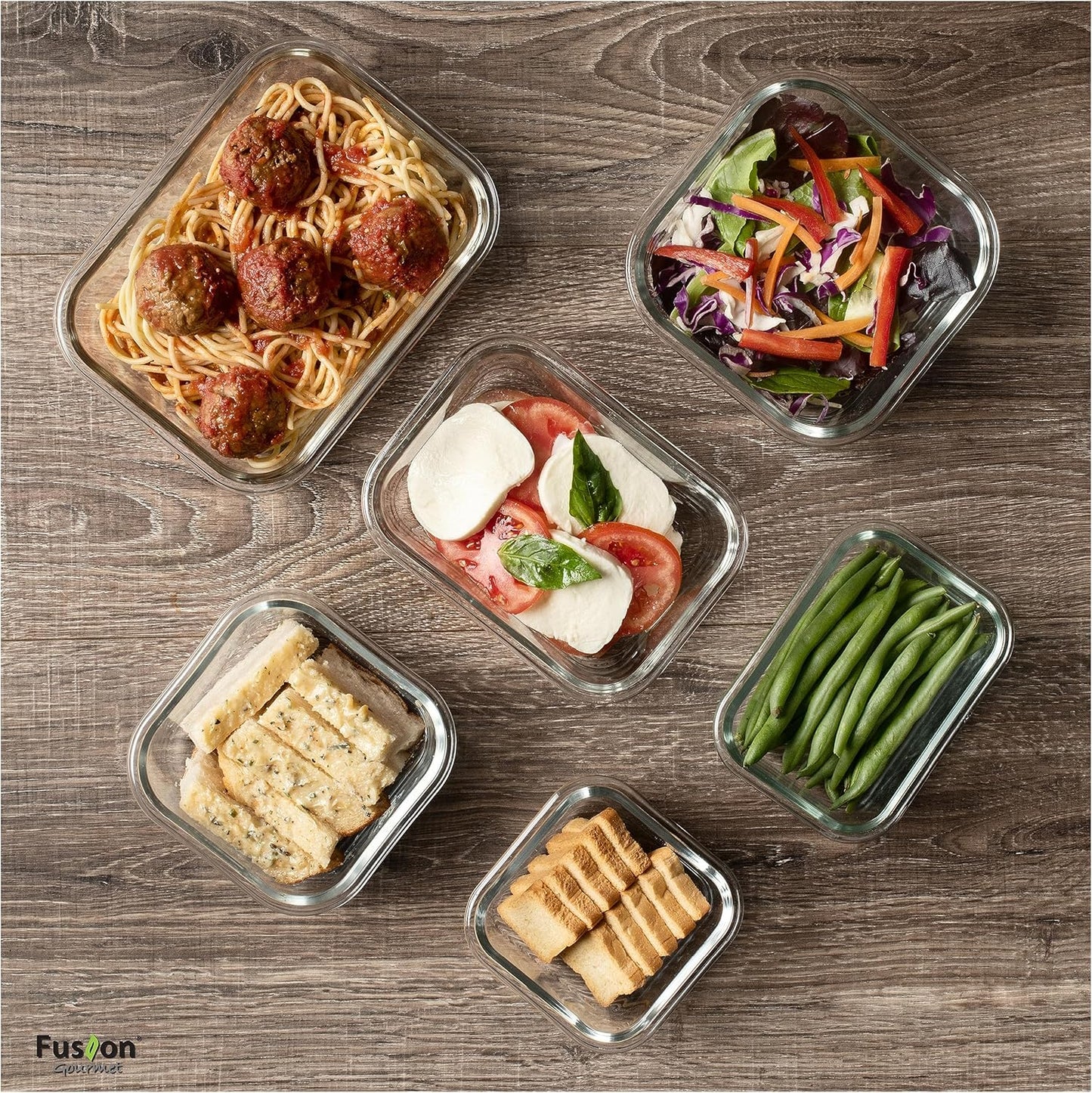 Fusion Gourmet Glass Meal Prep Containers with Lids [6 Pack] Storage Containers, Leak proof, Airtight Locking Lids, Microwave, Oven, Freezer & Dishwasher Safe