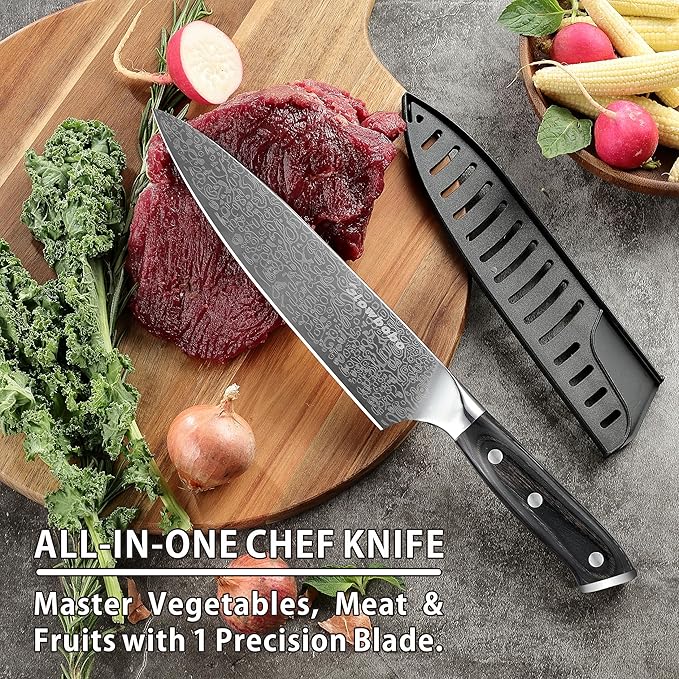 8 Inch Chef Knife 5Cr15MoV High Carbon Steel Professional Kitchen Knife Razor Sharp Blade with Non Slip natural colorwood Handle and Gift Box Blade Guard Finger Guard Sharpener Included