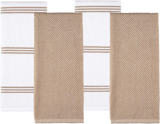 Sticky Toffee Cotton Kitchen Towels Set of 4 – 28x16 in Tan and White Dish Towels, Reusable and Absorbent Tea Towels for Cleaning or Drying, Oeko-Tex Cotton