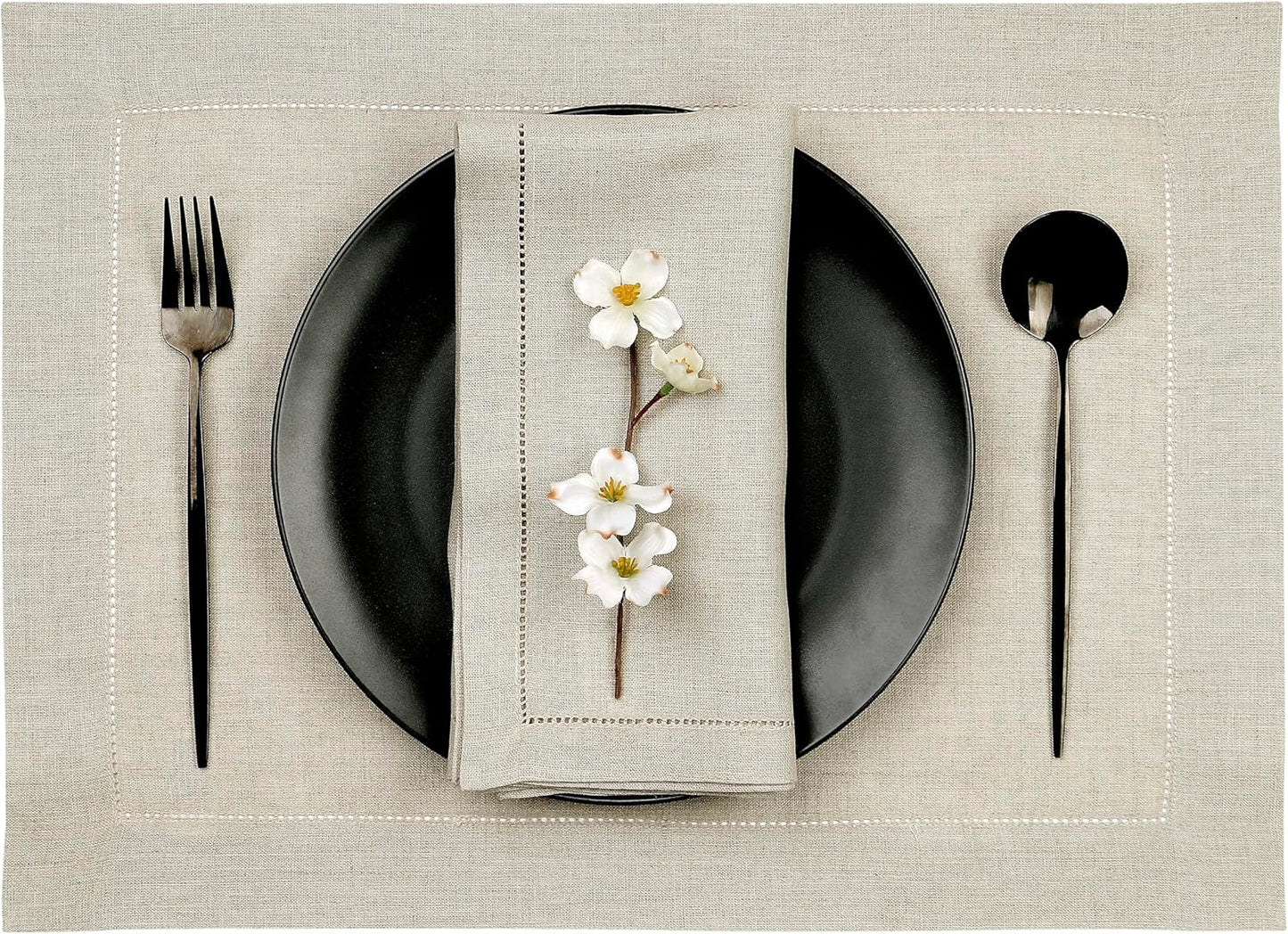 D'Moksha Homes Linen Placemats Set of 8 - Classic Hemstitch Natural Placemats 14 x 19 Inch - 100% Pure Linen Table Mats for Fall, Autumn and Halloween - Handcrafted and Machine Washable