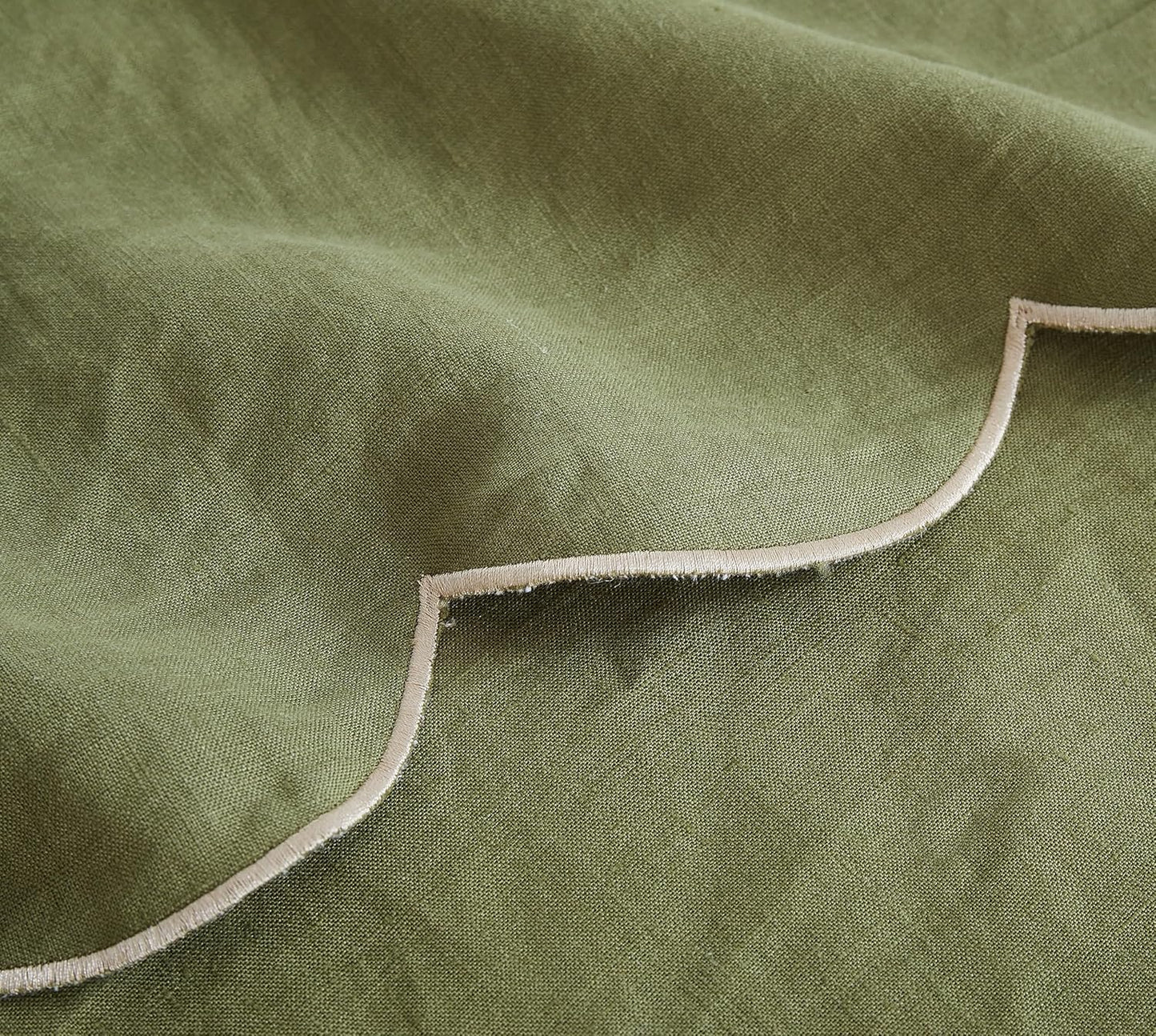 100% French Flax Linen Tablecloths Scalloped Embroidery Rectangle 108Lx60W Inch for Dinners, Parties, Spring, Machine Washable, 8-10 Sets, Olive Green(Edges-Gold)