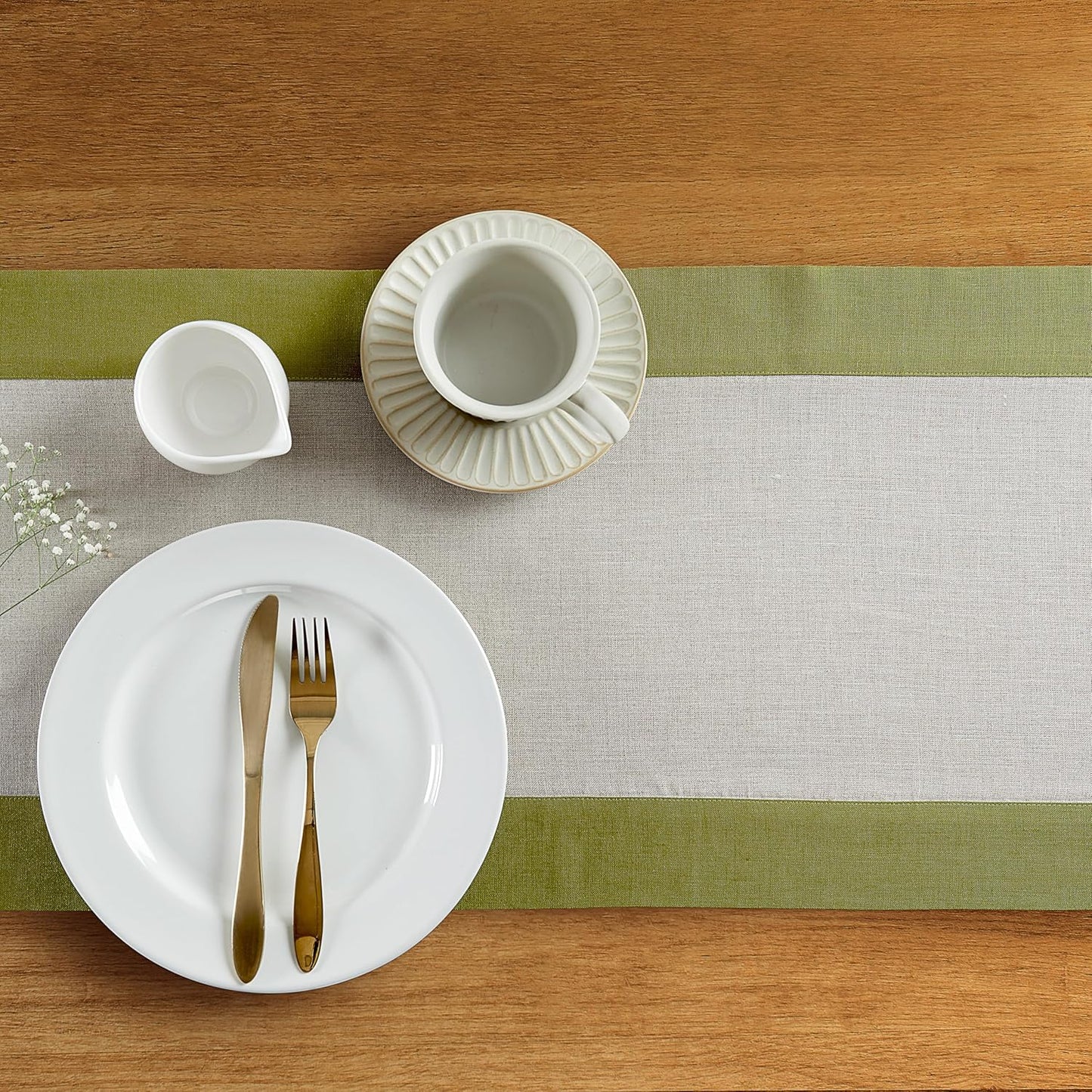 Solino Home Linen Table Runner 120 Inches Long - 100% Pure Linen Avocado and Natural Table Runner 14 x 120 Inch for Fall, Autumn, Thanksgiving - Contempo