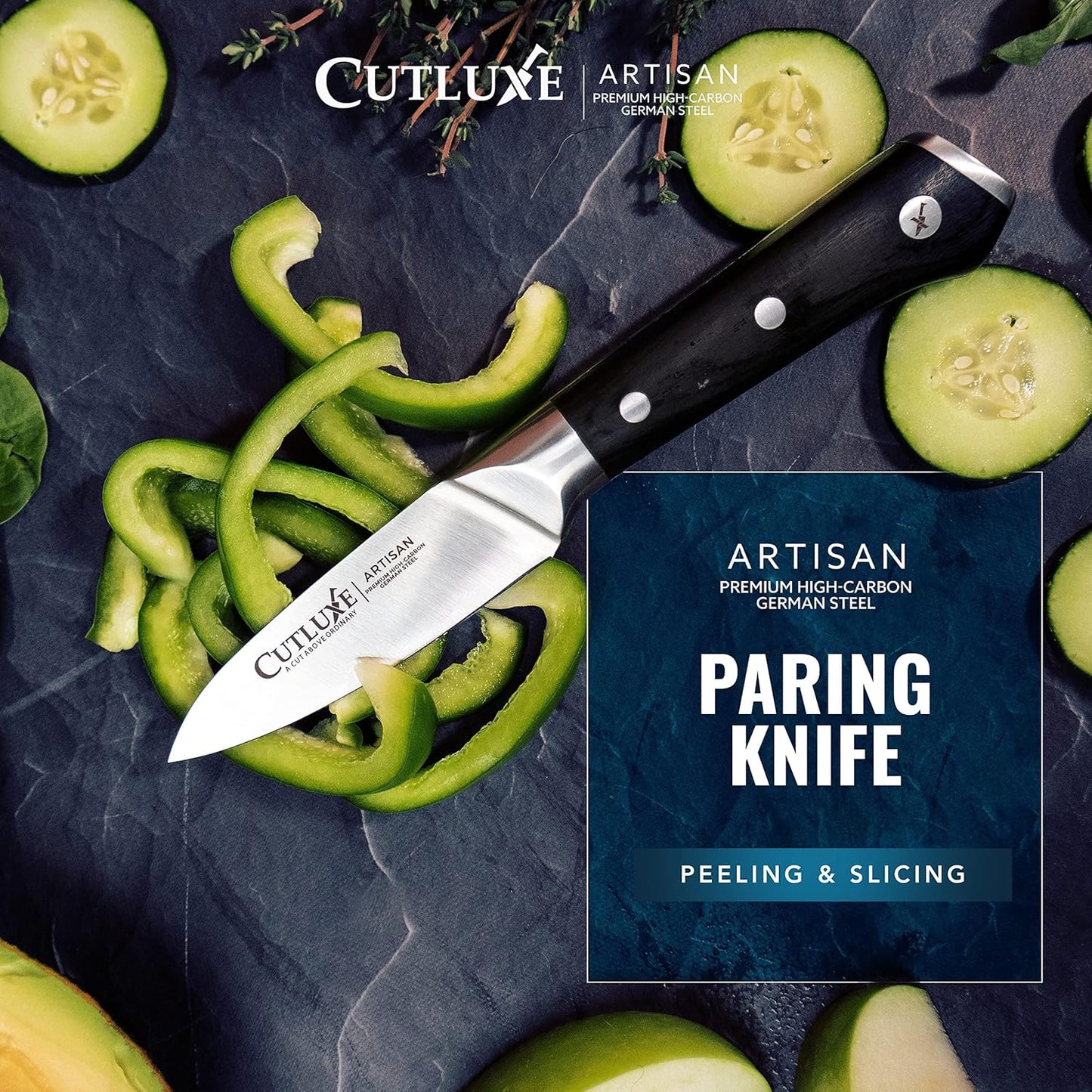 Cutluxe Paring Knife, 3.5" Small Kitchen Peeling Knife with Razor Sharp Blade – High Carbon German Steel, Full Tang, Ergonomic Handle Design – Artisan Series