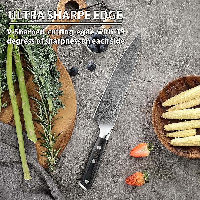 8 Inch Chef Knife 5Cr15MoV High Carbon Steel Professional Kitchen Knife Razor Sharp Blade with Non Slip natural colorwood Handle and Gift Box Blade Guard Finger Guard Sharpener Included