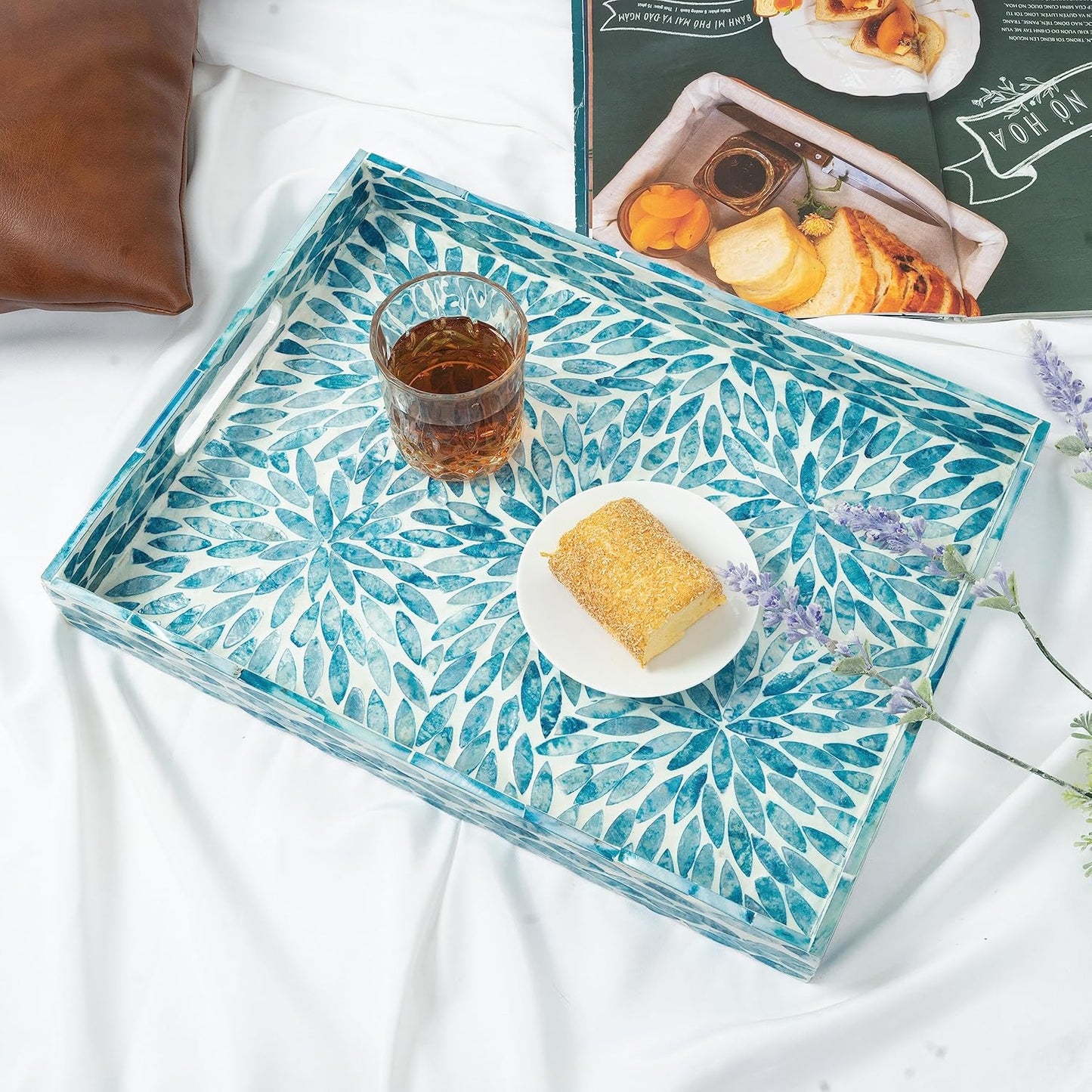 CLAYNIX Serving Tray 15.7" X11.8", Lacquer Mother of Pearl Inlay Mosaic Tray, Rectangle Wooden Marble Tray with Handles Trays for Tea, Breakfast in Bed, Table (Flower Style)