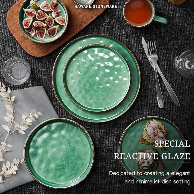 HaWare Dinnerware Sets, 16-Piece Plates and Bowls Set, Stoneware Dish Set for 4, Ceramic Dishware Set for Pasta Cereal, Chip and Scratch Resistant, Microwave and Dishwasher Safe, Reactive Green