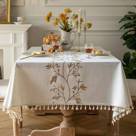 Oubonun Cotton Linen Rectangular Tablecloth - Wrinkle Resistant & Waterproof - Machine Washable Table Cloth with Tassels for Kitchen & Dining, 55''x70'', 4-6 Seats