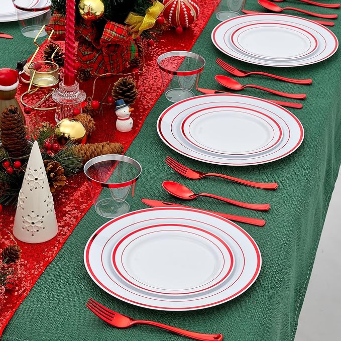 300 PCS Red Dinnerware Set for 50 Guests,Red Rimmed Heavy Duty Plastic Disposable Plates for Party Wedding-50 Dinner Plates,Dessert Plates,Spoons,Forks,Knives,Cups