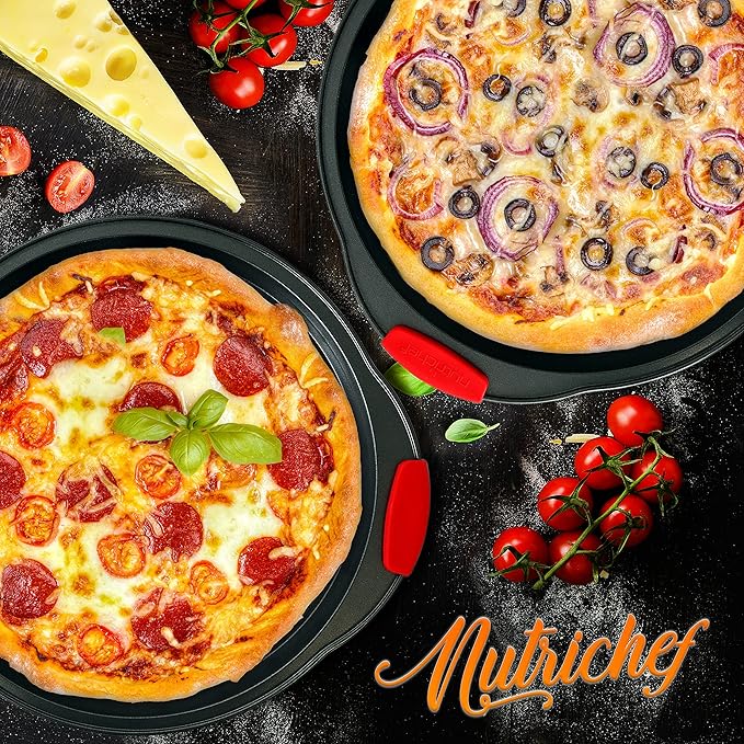 NutriChef 13-Inch Nonstick Pizza Tray Set of 20 Pcs- Carbon Steel Round Pan with Perforated Holes & Silicone Grip Handles - Dishwasher Safe Premium Bakeware