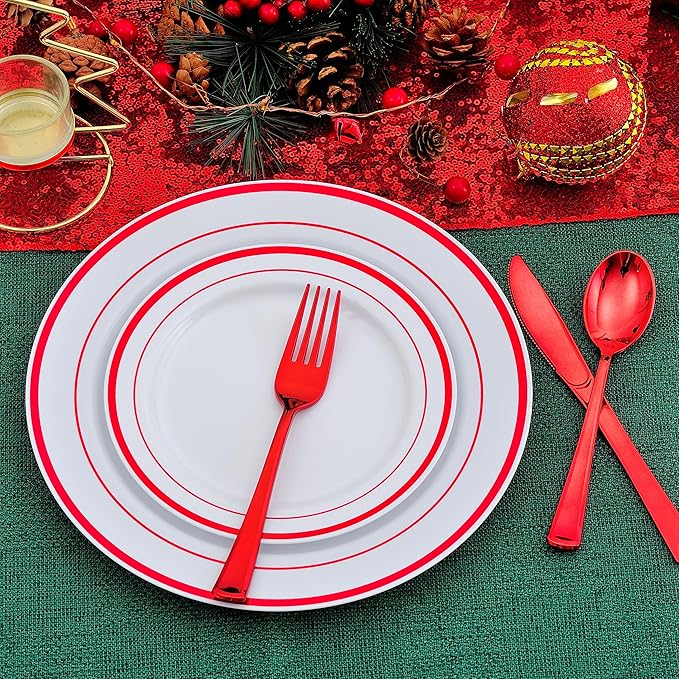 300 PCS Red Dinnerware Set for 50 Guests,Red Rimmed Heavy Duty Plastic Disposable Plates for Party Wedding-50 Dinner Plates,Dessert Plates,Spoons,Forks,Knives,Cups