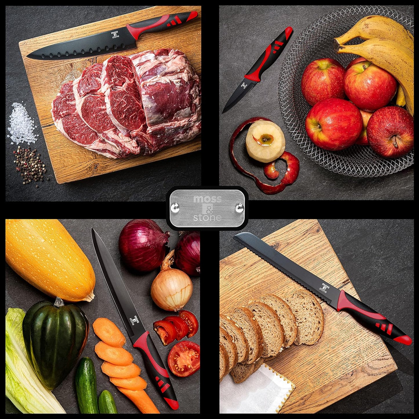 Moss & Stone 7-Piece Kitchen Knife Set with Block – Black Titanium Plated Stainless Steel Kitchen Knives, High Carbon Blades, Compact Cutlery Set for Home Cooking, Small Knife Set Black Wood Block