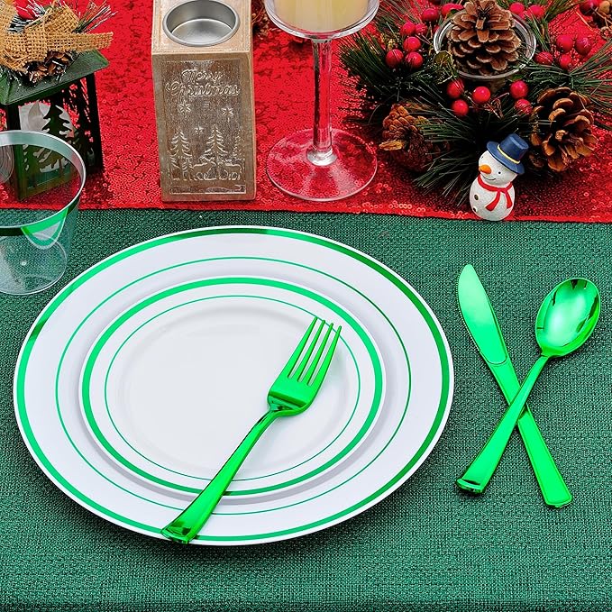 300 PCS Green Plastic Dinnerware Set for 50 Guests,Green Rimmed Heavy Duty Plastic Disposable Plates for Party Wedding-50 Dinner Plates,50 Dessert Plates,50 Silverware Set,50 Cups