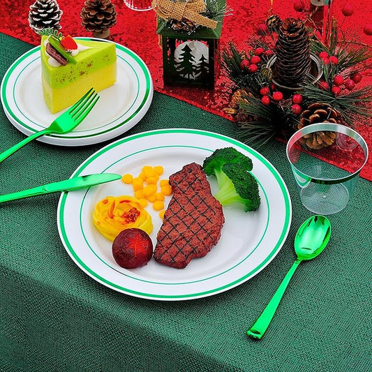 300 PCS Green Plastic Dinnerware Set for 50 Guests,Green Rimmed Heavy Duty Plastic Disposable Plates for Party Wedding-50 Dinner Plates,50 Dessert Plates,50 Silverware Set,50 Cups